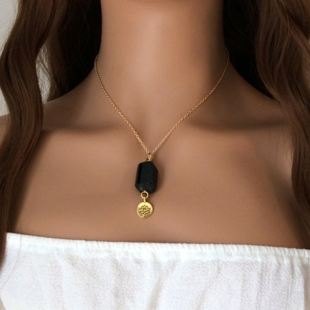 Raw Black Tourmaline Necklace, Lotus Charm, Healing Necklace